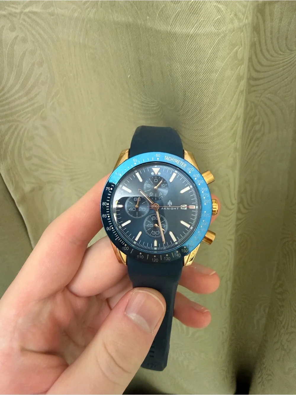 AKNIGHT Navy Blue Chronograph Watch with Rose Gold Accents